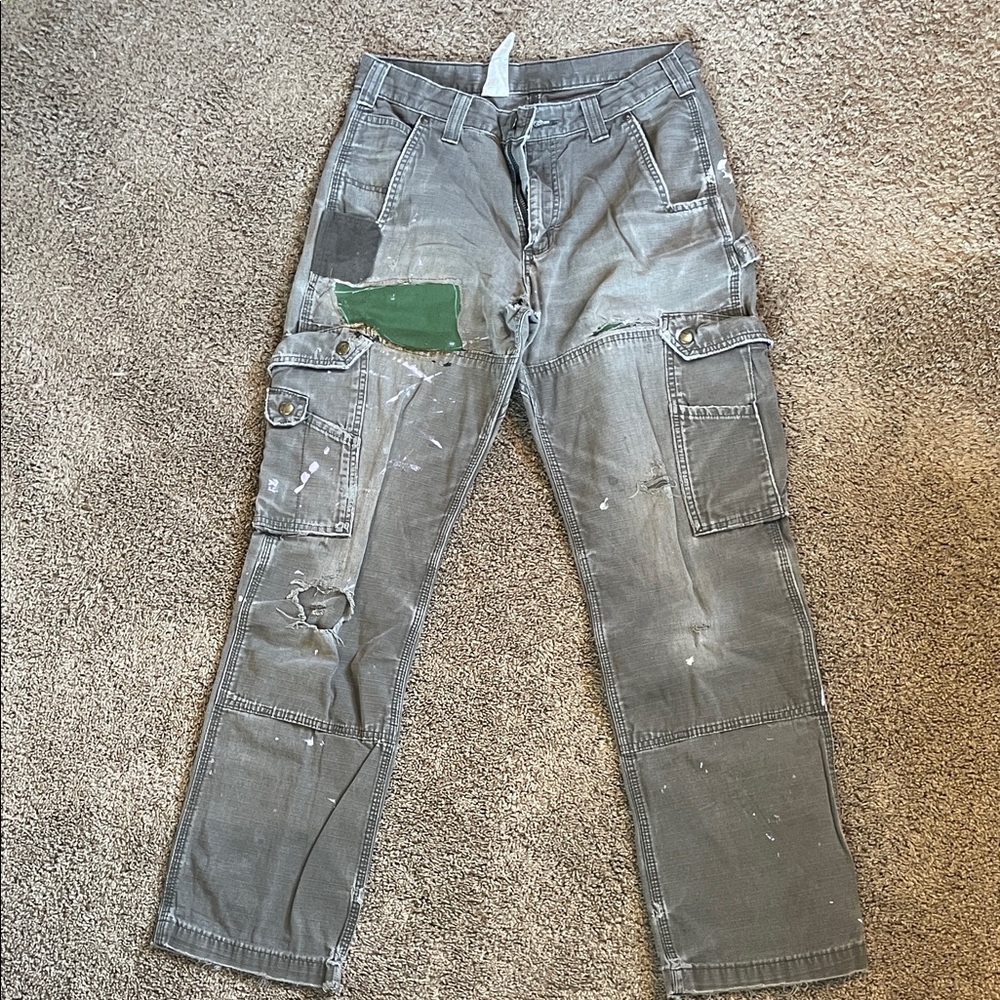 Carhartt Distressed Green Cargo Pants Rip-Stop 32x32
